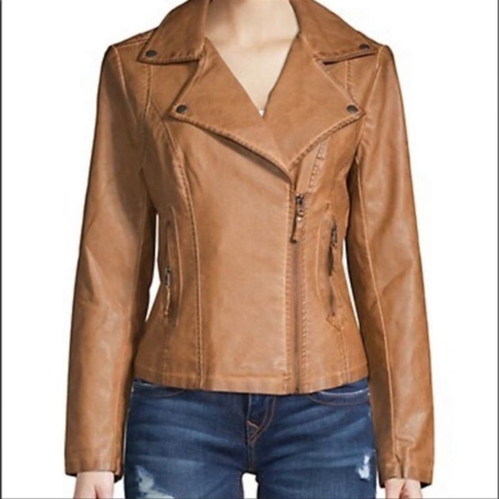 Max Studio Faux Leather Long Sleeve Asymmetrical Zip Biker Moto Jacket Brown L - Picture 1 of 7